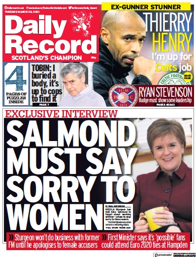 Daily Record (UK) Newspaper Front Page for 30 March 2021