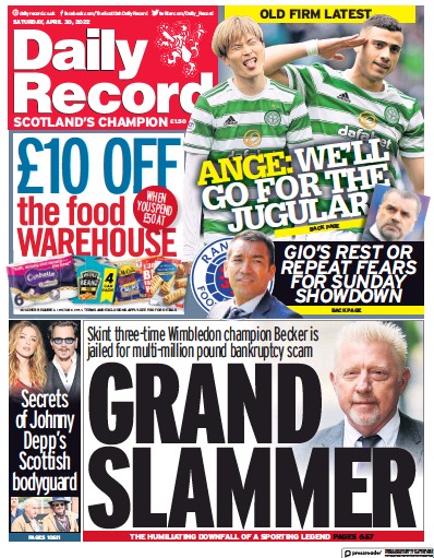 Daily Record Newspaper Front Page for 30 April 2022