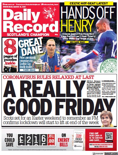 Daily Record (UK) Newspaper Front Page for 31 March 2021