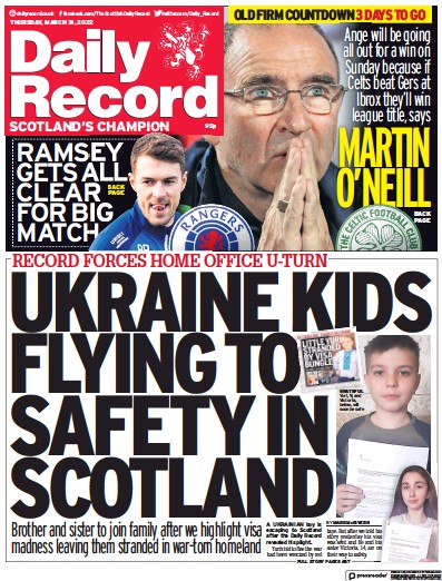 Daily Record (UK) Newspaper Front Page for 31 March 2022
