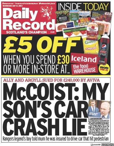 Daily Record (UK) Newspaper Front Page for 31 May 2023