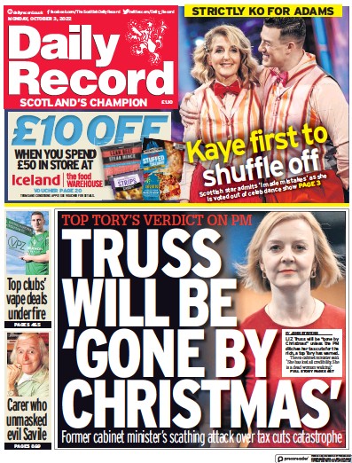 Daily Record Newspaper Front Page for 3 October 2022