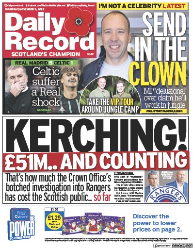 Daily Record (UK) Newspaper Front Page for 3 November 2022