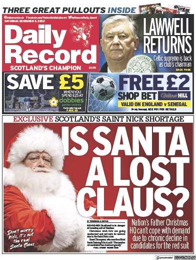 Daily Record (UK) Newspaper Front Page for 3 December 2022