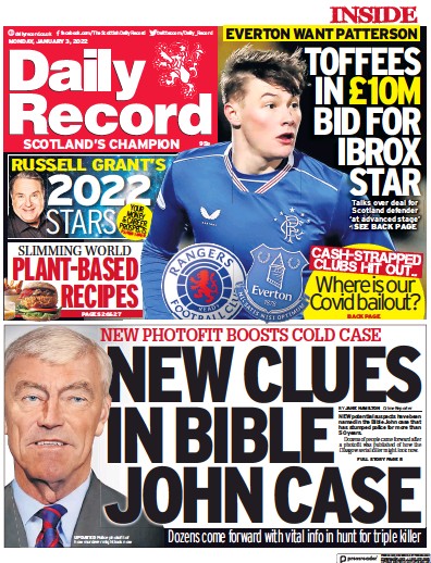 Daily Record (UK) Newspaper Front Page for 3 January 2022