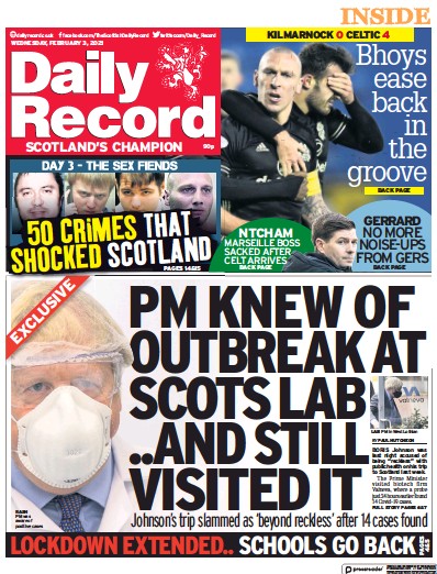 Daily Record (UK) Newspaper Front Page for 3 February 2021