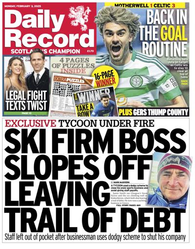 Daily Record (UK) Newspaper Front Page for 3 February 2025