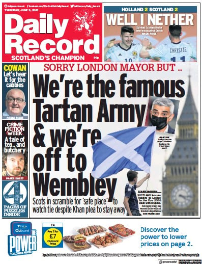 Daily Record Newspaper Front Page for 3 June 2021