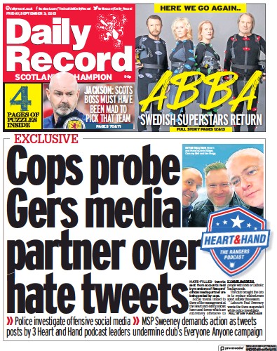 Daily Record (UK) Newspaper Front Page for 3 September 2021