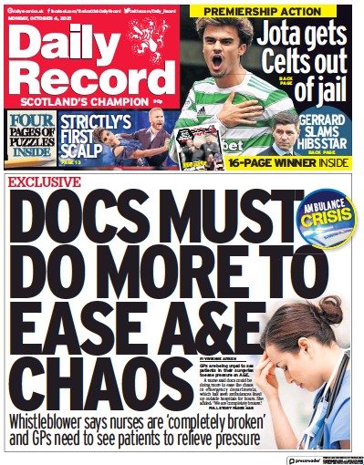 Daily Record (UK) Newspaper Front Page for 4 October 2021