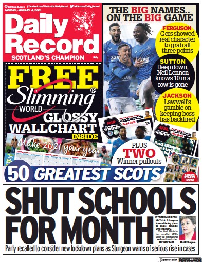 Daily Record Newspaper Front Page for 4 January 2021