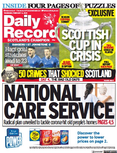 Daily Record Newspaper Front Page for 4 February 2021