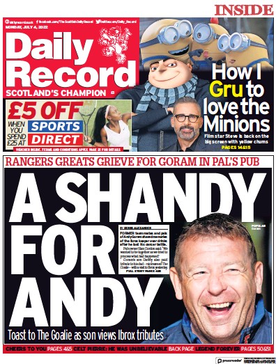 Daily Record (UK) Newspaper Front Page for 4 July 2022