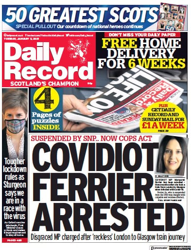 Daily Record Newspaper Front Page for 5 January 2021