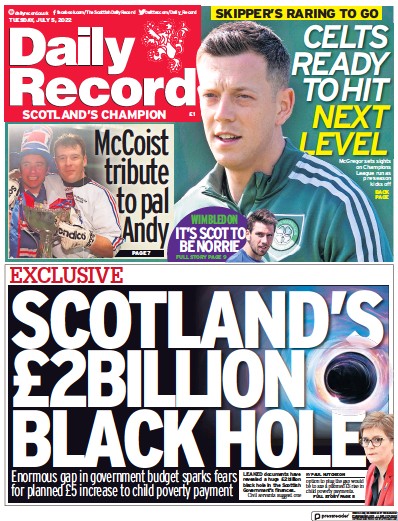 Daily Record Newspaper Front Page for 5 July 2022