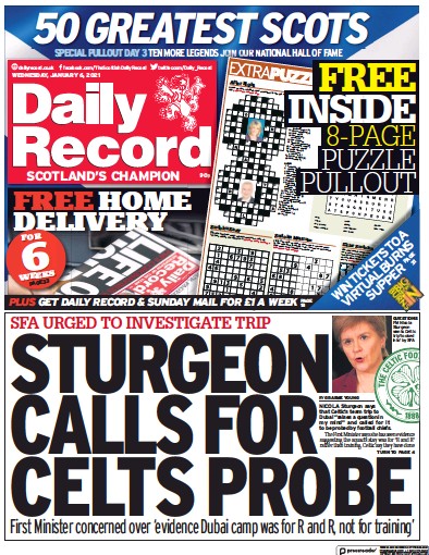 Daily Record Newspaper Front Page for 6 January 2021