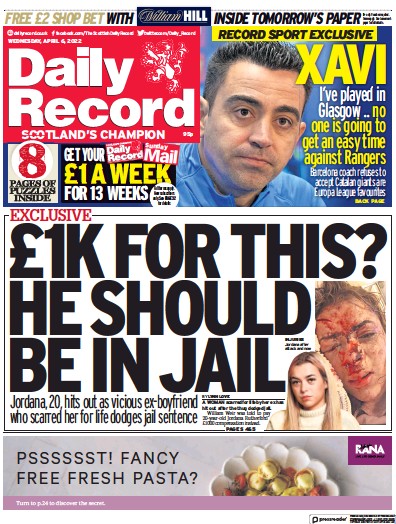 Daily Record Newspaper Front Page for 6 April 2022