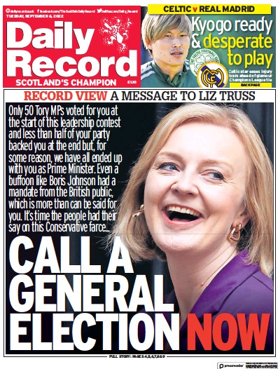 Daily Record (UK) Newspaper Front Page for 6 September 2022