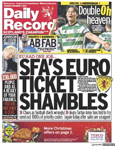 Daily Record (UK) Newspaper Front Page for 7 December 2023