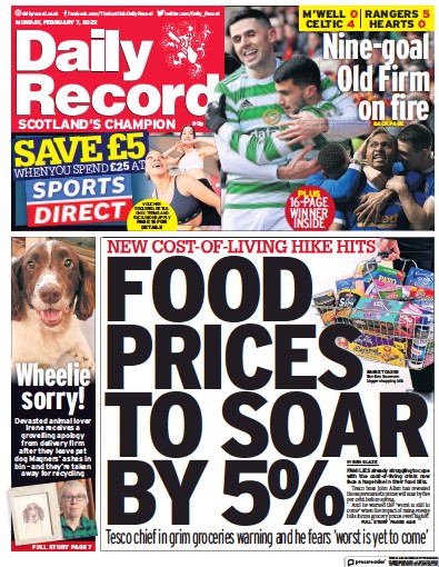 Daily Record Newspaper Front Page for 7 February 2022