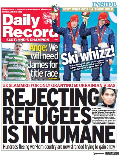 Daily Record (UK) Newspaper Front Page for 7 March 2022