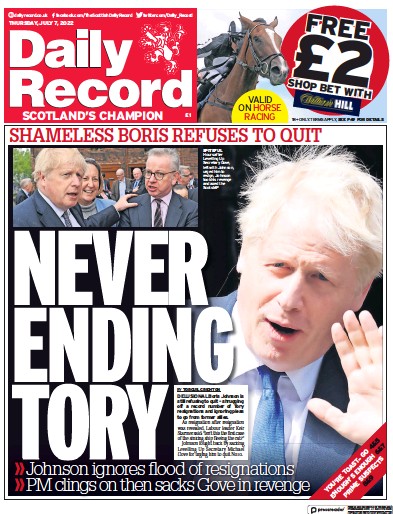 Daily Record (UK) Newspaper Front Page for 7 July 2022