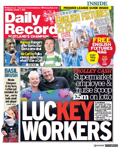 Daily Record (UK) Newspaper Front Page for 7 August 2021