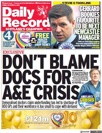 Daily Record (UK) Newspaper Front Page for 8 October 2021