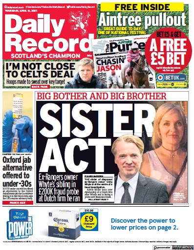 Daily Record (UK) Newspaper Front Page for 8 April 2021