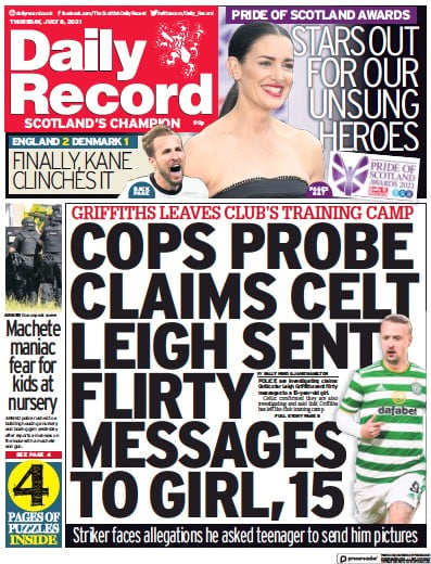 Daily Record (UK) Newspaper Front Page for 8 July 2021