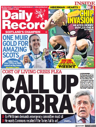 Daily Record (UK) Newspaper Front Page for 8 August 2022