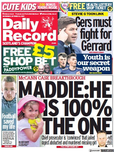 Daily Record (UK) Newspaper Front Page for 9 October 2021