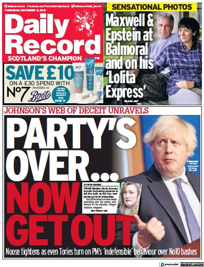 Daily Record (UK) Newspaper Front Page for 9 December 2021