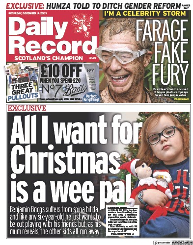 Daily Record (UK) Newspaper Front Page for 9 December 2023