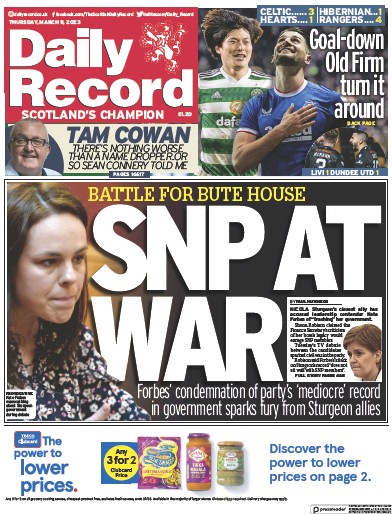 Daily Record (UK) Newspaper Front Page for 9 March 2023