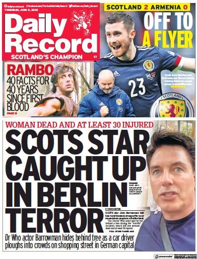 Daily Record (UK) Newspaper Front Page for 9 June 2022