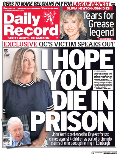 Daily Record (UK) Newspaper Front Page for 9 August 2022