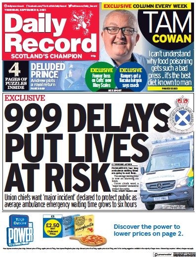 Daily Record (UK) Newspaper Front Page for 9 September 2021