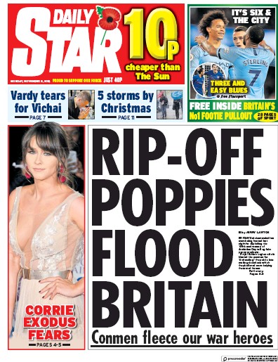 Daily Star (UK) Newspaper Front Page for 10 November 2018