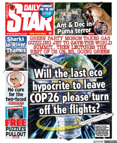Daily Star (UK) Newspaper Front Page for 10 November 2021