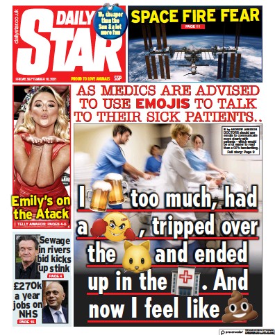 Daily Star (UK) Newspaper Front Page for 10 September 2021