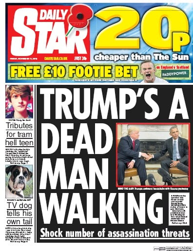 Daily Star Newspaper Front Page for 11 November 2016