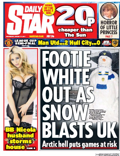 Daily Star (UK) Newspaper Front Page for 11 January 2017