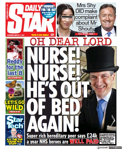 Daily Star (UK) Newspaper Front Page for 11 March 2021