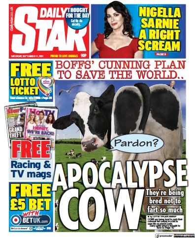 Daily Star (UK) Newspaper Front Page for 11 September 2021