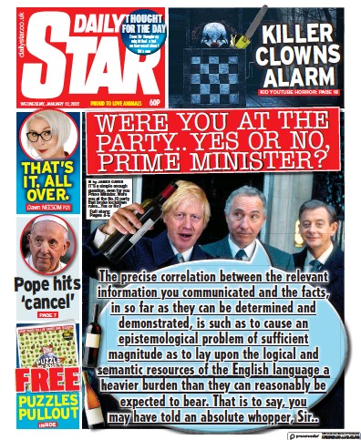 Daily Star (UK) Newspaper Front Page for 12 January 2022
