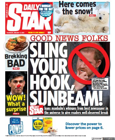 Daily Star (UK) Newspaper Front Page for 12 January 2023