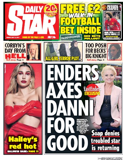 Daily Star (UK) Newspaper Front Page for 12 May 2017