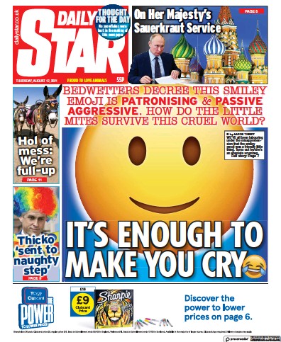 Daily Star (UK) Newspaper Front Page for 12 August 2021
