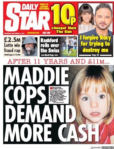 Daily Star (UK) Newspaper Front Page for 12 September 2018
